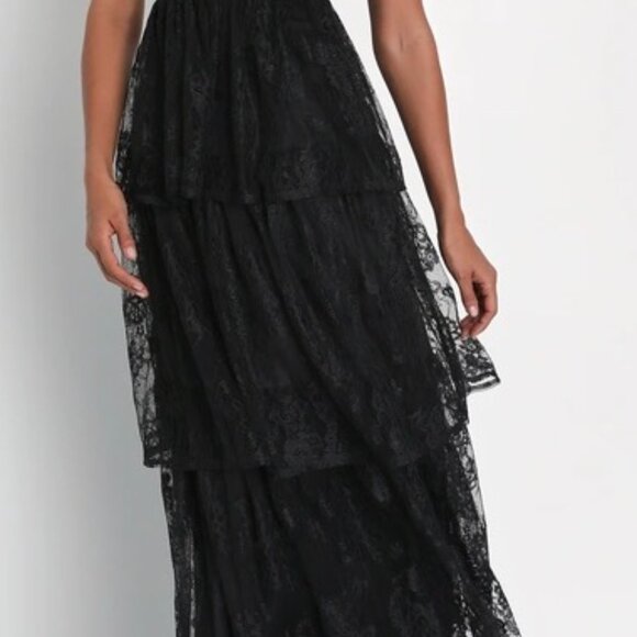 Lulus Tier I Go Black Lace V-neck Sleeveless Tiered Maxi Dress - Size XL - Picture 4 of 4